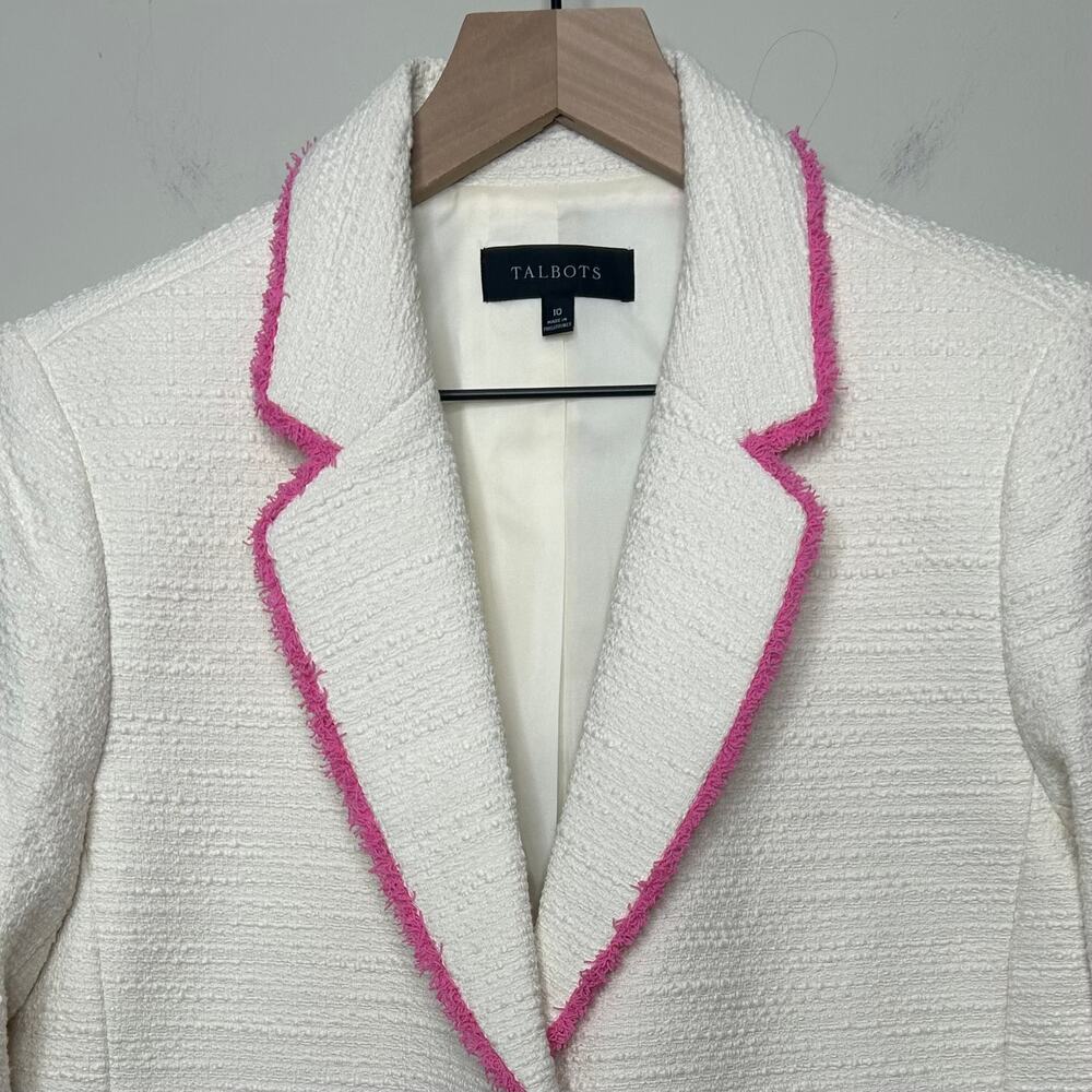 Talbots Cream Tweed Blazer Jacket Size 10 Pink Trim Preppy - Picture 5 of 10